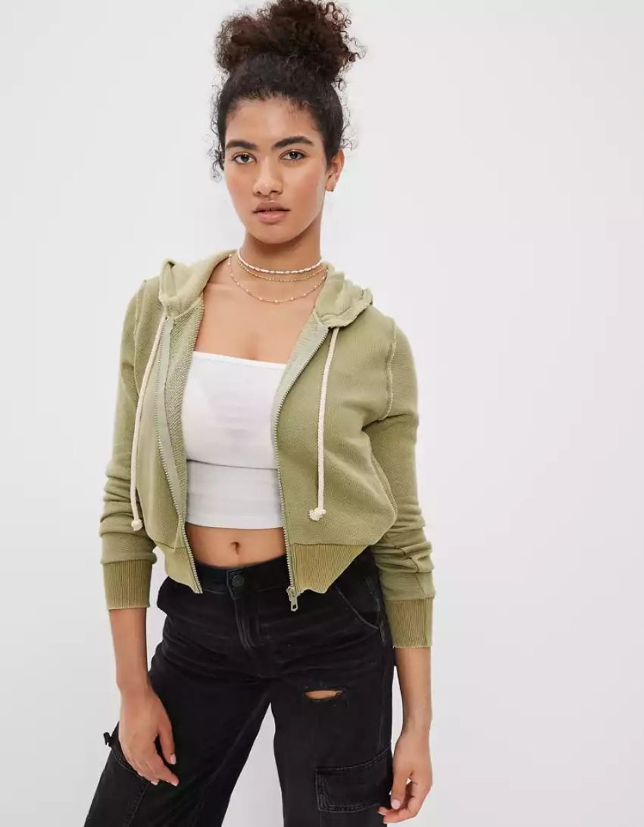 Sweat à Capuche American Eagle AE Sun Set Zip-Up Vert Olive Femme | GEK-18785386